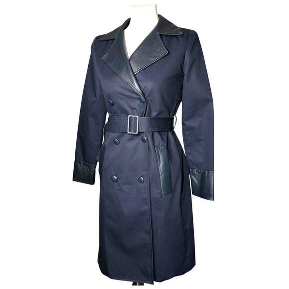 Misha Nonoo Navy Royal Lambskin Leather Trench Coat Size 0 - Picture 8 of 15